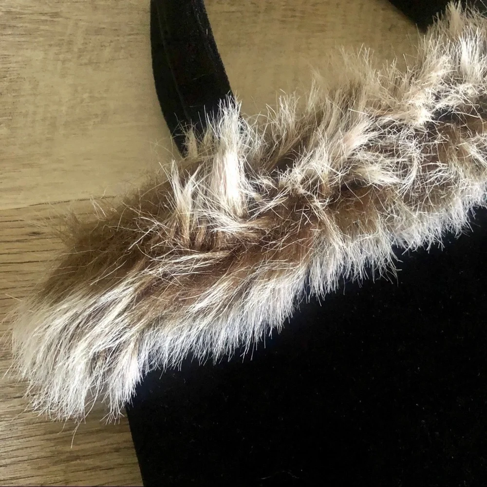 Boutique Faux Fur Shearling Black Velour Satchel Boho Y2K Handbag Red Lining